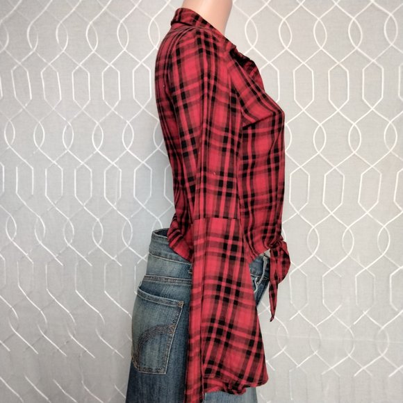 Altar’d State Red & Black Checks large Bell Sleeves Button up Tie Front Shirt M - Picture 6 of 9